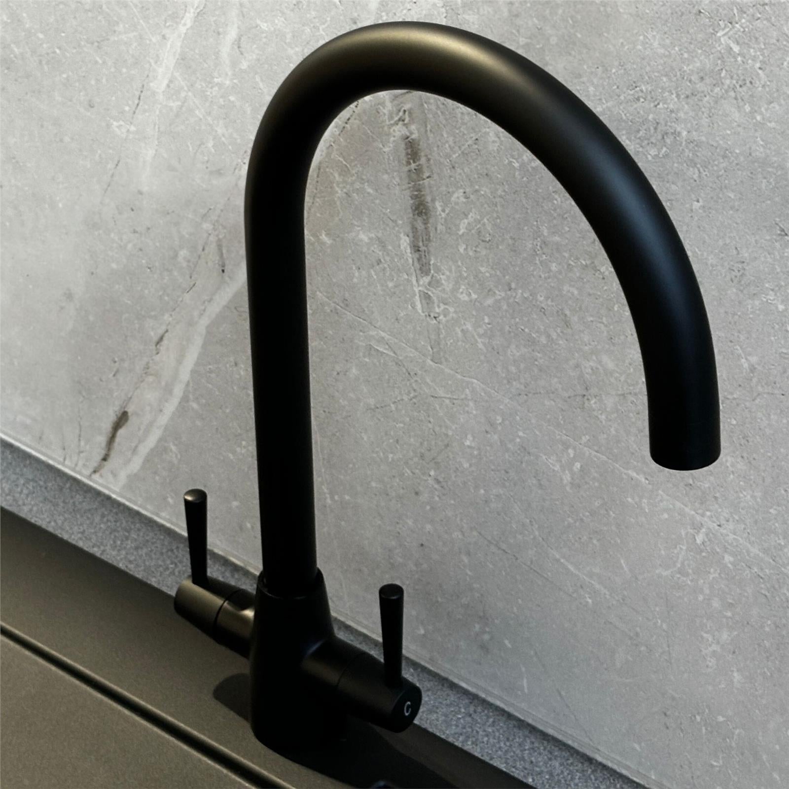 Liquida LU408MB Swivel Spout Swan Neck Twin Lever Black Kitchen Mixer Tap